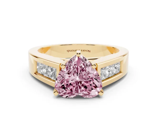 Fancy Pink Heart Cut Diamond Solitaire Ring Set in Yellow gold with Channel-Set Accent Stones and Prong Setting