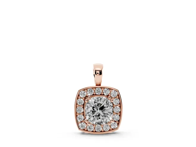 Cushion Cut Lab-Grown Diamond Halo Pendant Necklace | Plain Bail | Rose Gold