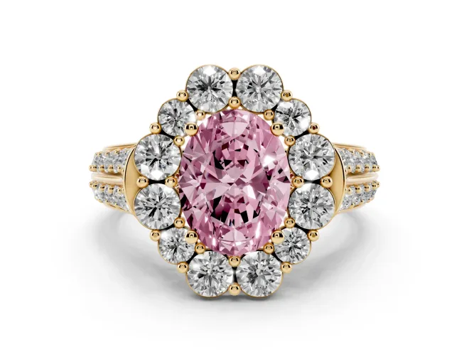 Oval Large Accent Halo Engagement Ring Setting for a Fancy Pink Lab-Grown Diamond | Yellow Gold