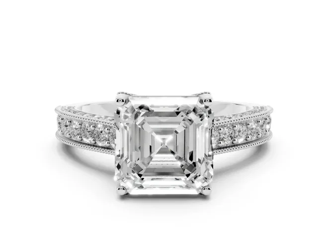 Asscher Cut Vintage Hidden Halo Engagement Ring Setting | Milgrain Pavé Band | Sterling Silver