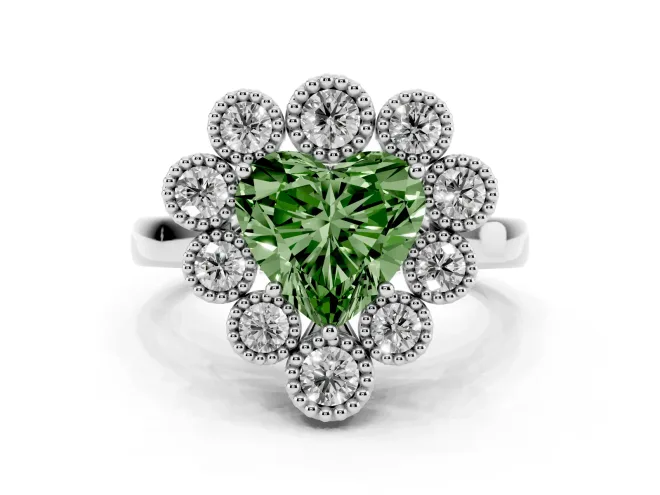 Heart-Shaped Milgrain Cluster Halo Engagement Ring Setting for a Fancy Green Lab-Grown Diamond | Plain Band | White Gold
