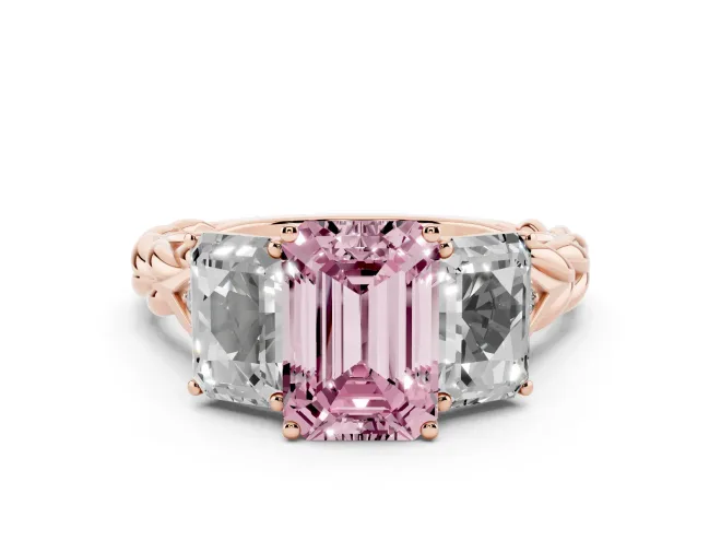 Emerald Cut Three Stone Engagement Ring Setting for a Fancy Pink Lab-Grown Diamond | Braided Band | Rose Gold