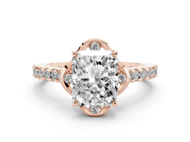 Radiant Cut Diamond Solitaire Ring Set in Rose gold with Pavé Band and Floral Prong Setting