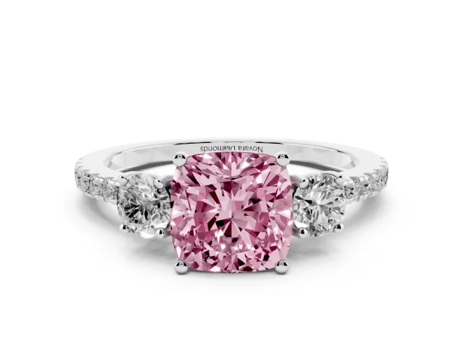 Fancy Pink Cushion Cut Diamond Three-Stone Ring Set in Silver with Pavé Band and Graduated Sides