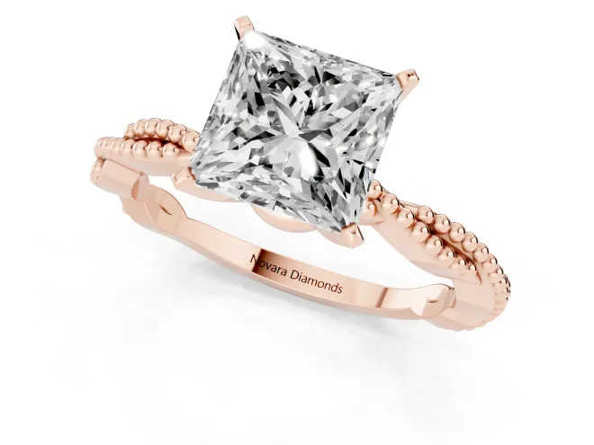 Princess Cut Diamond Solitaire Ring Set in Rose gold with Twisted Band and Bead Prong Setting – second view