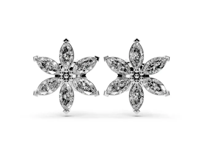 Marquise Lab-Grown Diamond Six Petal Flower Stud Earrings | Beaded Middle | Sterling Silver