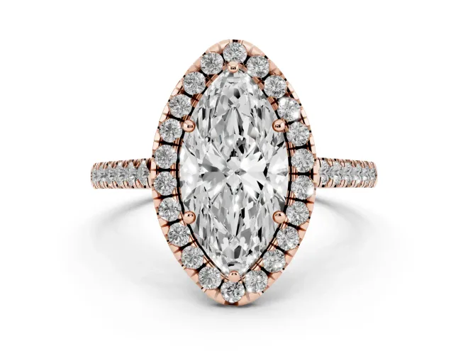 Marquise Cut Diamond Pavé Halo Engagement Ring Set in Rose gold with Pavé Band and Prong Setting