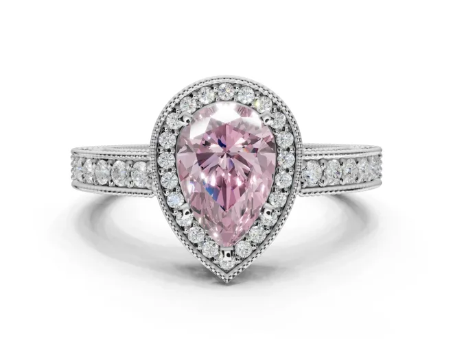 Pear-Shaped Milgrain Halo Engagement Ring Setting for a Fancy Pink Lab-Grown Diamond | Wide Pavé Band | White Gold
