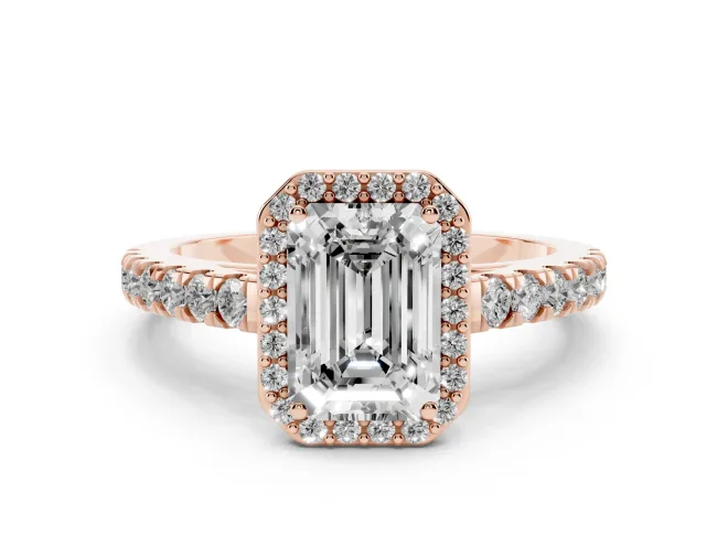 Emerald Cut Diamond Halo Engagement Ring Set in Rose gold with Pavé Band and Prong Setting