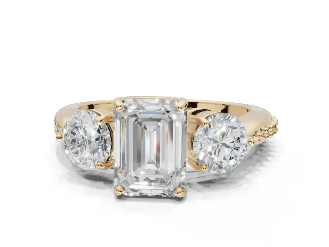 Emerald Cut Three Stone Engagement Ring Setting | Tapered Pavé Band | Yellow Gold