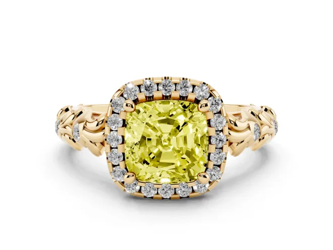 Fancy Yellow Cushion Cut Diamond Halo Ring Set in Yellow gold with Filigree Leaf Band and Prong Setting