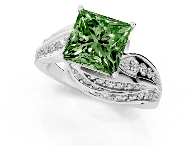 Fancy Green Princess Cut Diamond Solitaire Ring Set in Silver with Layered Twist Pavé Band – second view