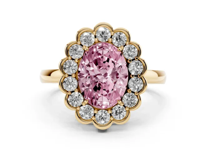 Oval Scalloped Cluster Halo Engagement Ring Setting for a Fancy Pink Lab-Grown Diamond | Plain Band | Yellow Gold