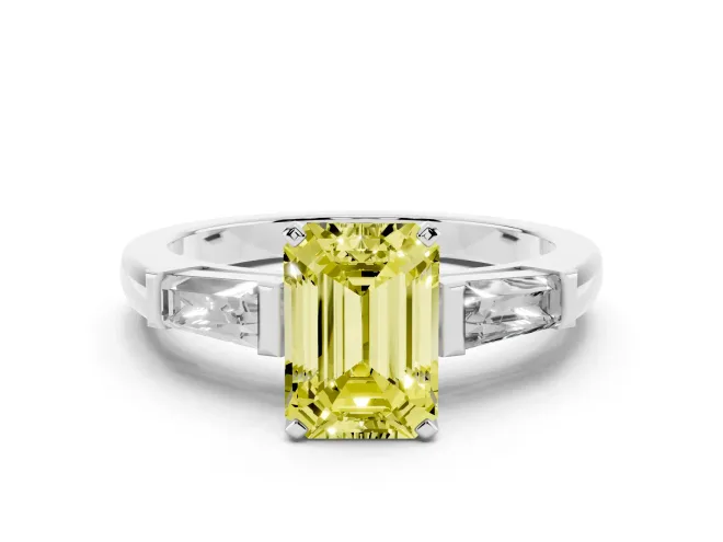 Emerald Cut Three Stone Engagement Ring Setting for a Fancy Yellow Lab-Grown Diamond | Tapered Baguettes | Platinum