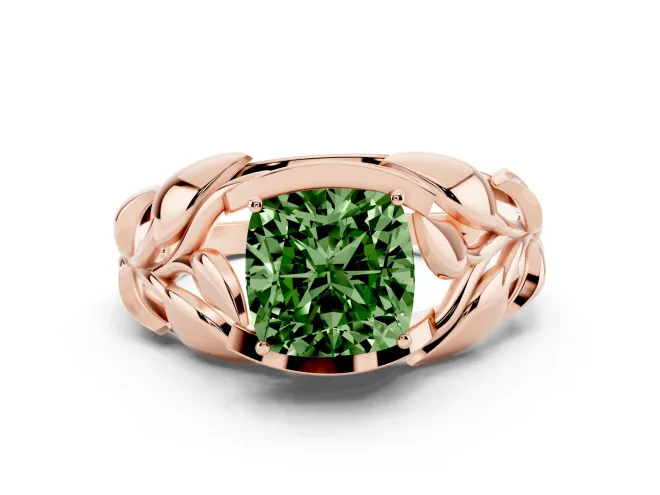 Fancy Green Cushion Cut Diamond Leaf-Inspired Engagement Ring Set in Rose gold with Round Accents