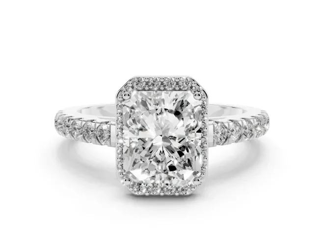 Radiant Cut Diamond Halo Engagement Ring Set in Silver with Pavé Band and Prong Setting