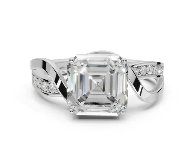 Asscher Cut Bypass Solitaire Engagement Ring Setting | Pavé and Plain Strands | Platinum