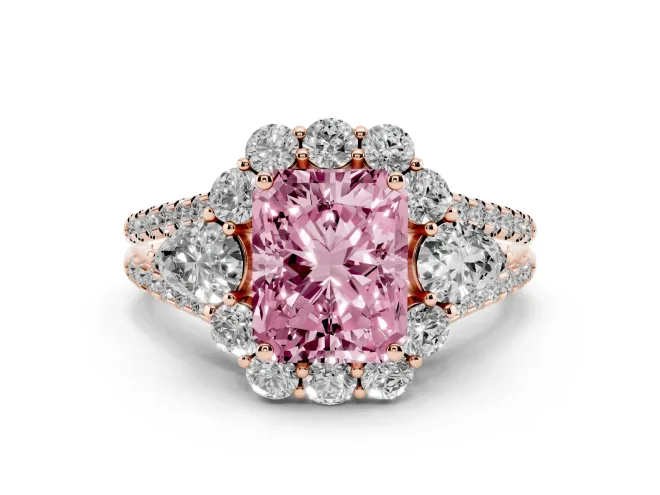 Radiant Cut Scalloped Halo Engagement Ring Setting for a Fancy Pink Lab-Grown Diamond | Pear Side Stones | Rose Gold