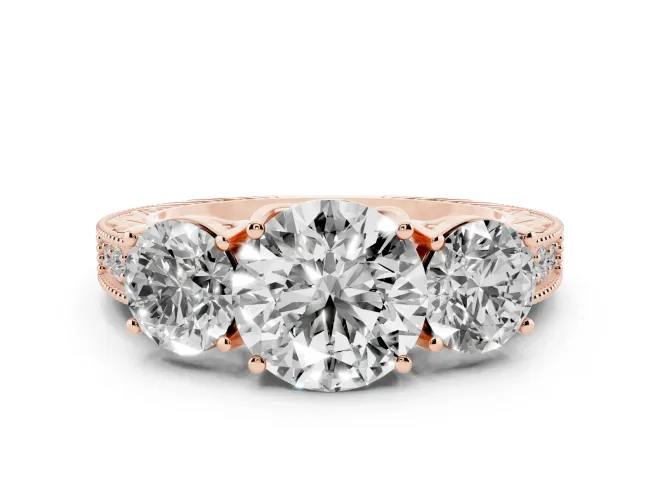 Round Cut Diamond Three-Stone Engagement Ring Set in Rose gold with Milgrain Pavé Band