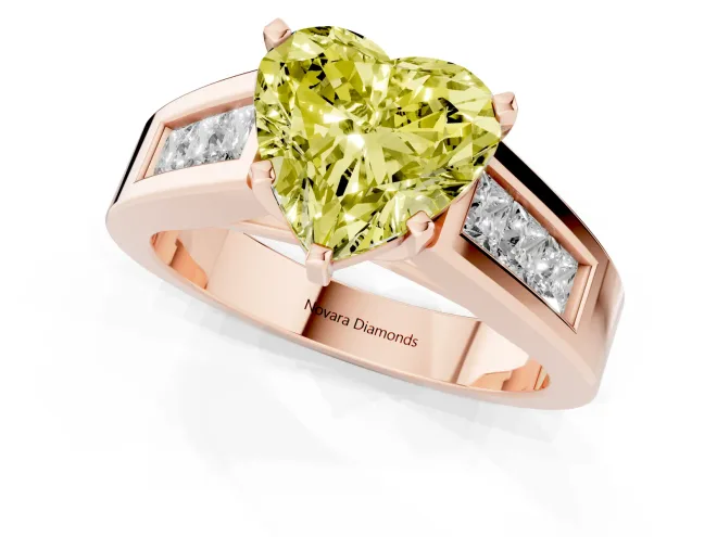 Fancy Yellow Heart Cut Diamond Solitaire Ring Set in Rose gold with Channel-Set Accent Stones and Prong Setting – second view