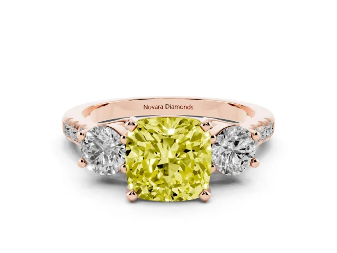 Cushion Cut Three-Stone Engagement Ring Setting for a Fancy Yellow Lab-Grown Diamond | Rose Gold
