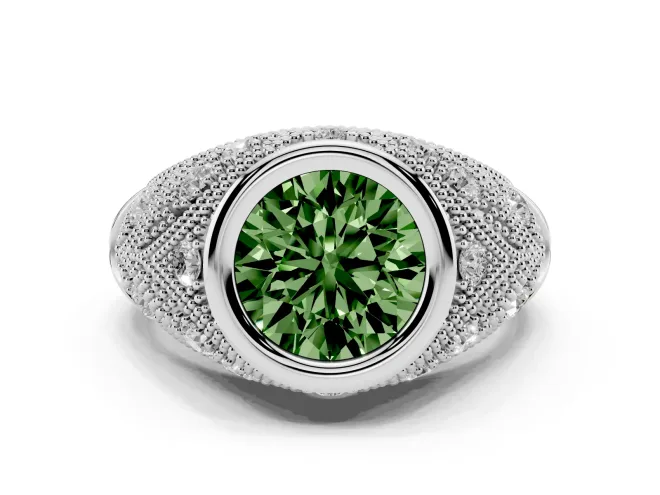 Fancy Green Round Cut Diamond Bezel Ring Set in White gold with Milgrain Accent Band