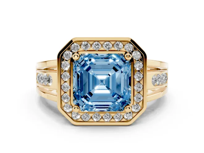 Fancy Blue Asscher Cut Diamond Halo Ring Set in Yellow gold with Pavé and Bezel Accent Split Shank