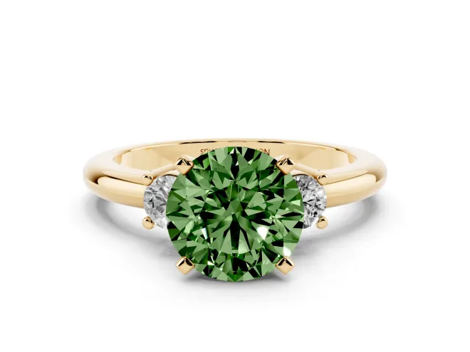 Round Three Stone Engagement Ring Setting for a Fancy Green Lab-Grown Diamond | Round Side Stones | Yellow Gold