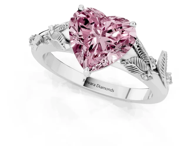 Fancy Pink Heart Cut Diamond Solitaire Ring Set in Silver with Leaf Motif Band – second view