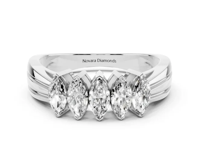 Marquise Lab-Grown Diamond North-South Wedding Band | Ribbed Shoulders | White Gold