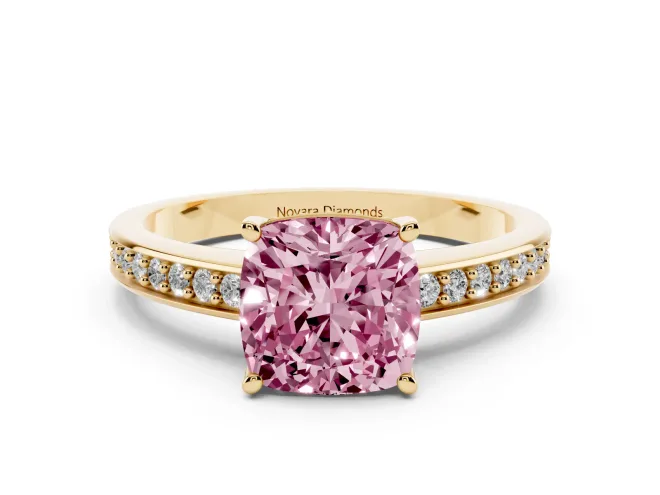 Cushion Cut Pavé Solitaire Engagement Ring Setting for a Fancy Pink Lab-Grown Diamond | Accented Basket | Yellow Gold