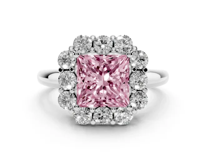Fancy Pink Princess Cut Diamond Milgrain Halo Solitaire Ring Set in Platinum with Bezel Set Side Stones and Pavé Band