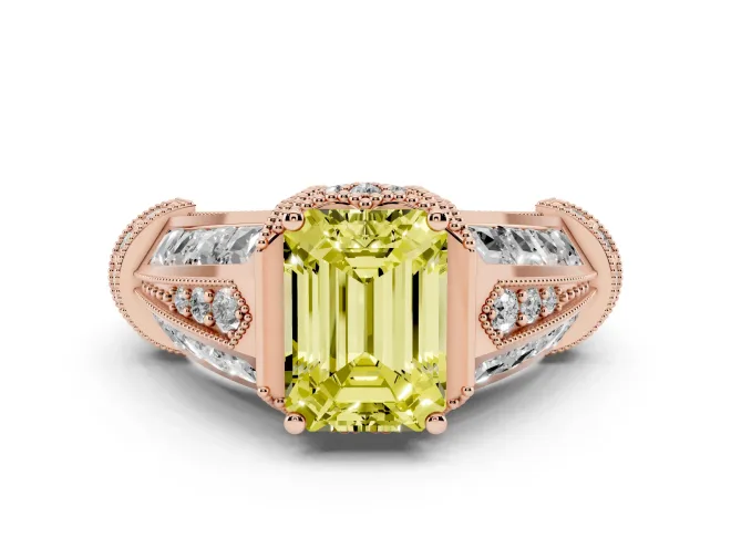 Fancy Yellow Emerald Cut Diamond Vintage-Inspired Milgrain Ring Set in Rose gold with Accent Split Shank
