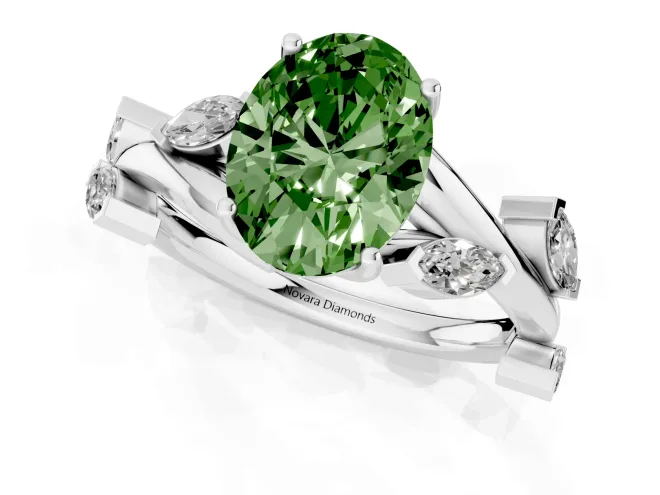 Fancy Green Oval Cut Diamond Solitaire Ring Set in White gold with Twisted Marquise Accent Band – second view