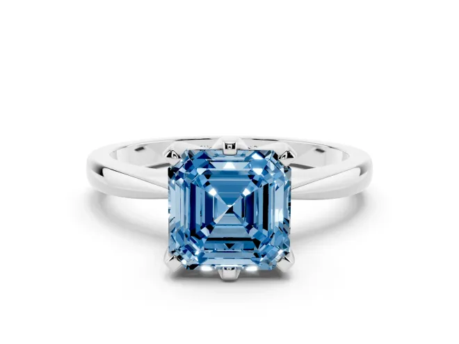 Fancy Blue Asscher Cut Diamond Solitaire Engagement Ring Set in Silver with Slim Tapered Solitaire Band