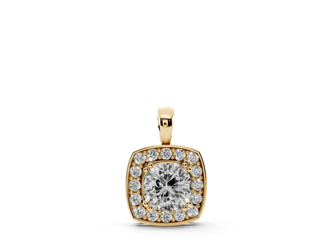 Cushion Cut Lab-Grown Diamond Halo Pendant Necklace | Plain Bail | Yellow Gold