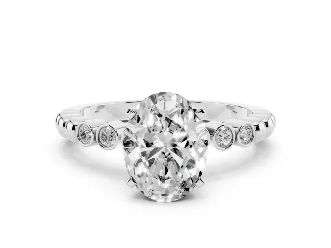 Oval Cut Diamond Solitaire Engagement Ring Set in Silver with Bezel Accents on Beaded Band