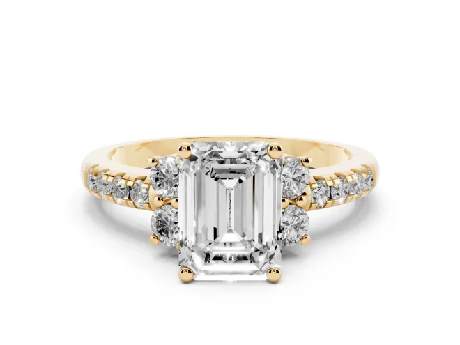 Emerald Cut Diamond Three-Stone Pavé Ring Set in Yellow gold with Prong Setting