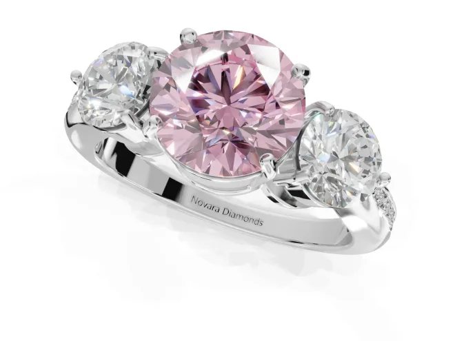 Round Three Stone Engagement Ring Setting for a Fancy Pink Lab-Grown Diamond | Tapered Pave Band | Sterling Silver – second view