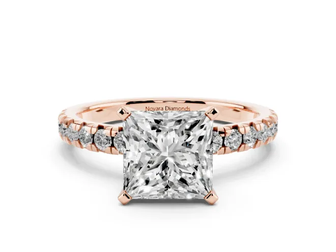 Princess Cut Diamond Solitaire Pavé Engagement Ring Set in Rose gold with Round Band and Prong Setting
