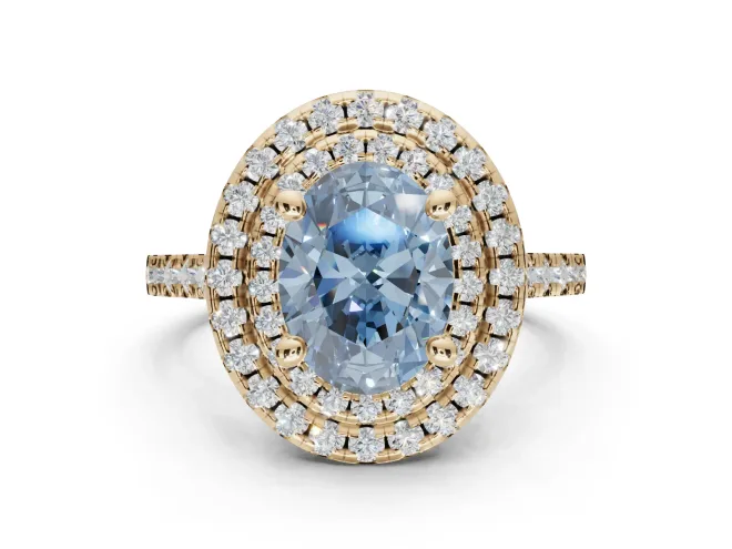 Oval Double Halo Engagement Ring Setting for a Fancy Blue Lab-Grown Diamond | Pavé Shoulders | Yellow Gold