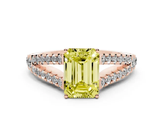 Fancy Yellow Emerald Cut Diamond Split Shank Pavé Engagement Ring Set in Rose gold with Prong-Held Center Stone
