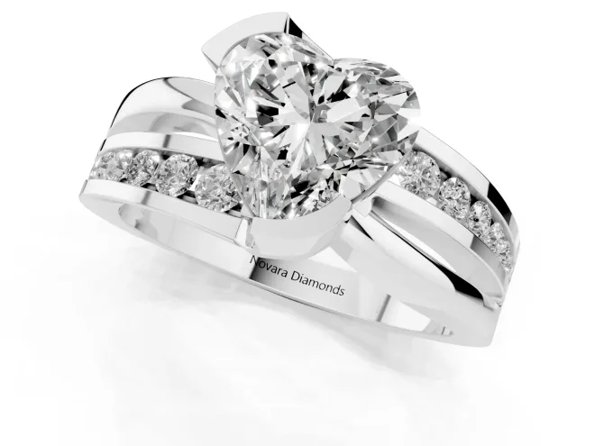 Heart Cut Diamond Solitaire Ring Set in Silver with Channel Set Split Shank and Tension Prongs – second view