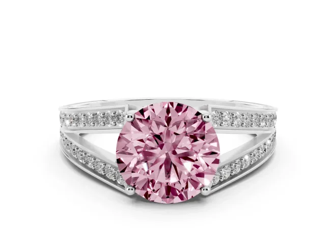 Fancy Pink Round Cut Diamond Split Shank Ring Set in White gold with Pavé Band and Prong Setting