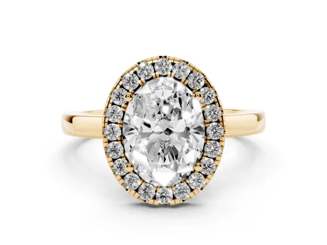 Oval Cut Diamond Halo Solitaire Ring Set in Yellow gold with Pavé Band and Prong Setting
