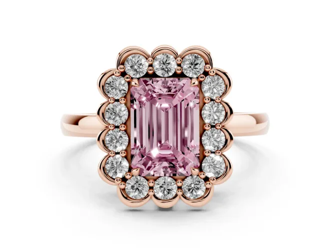 Emerald Cut Scalloped Cluster Halo Engagement Ring Setting for a Fancy Pink Lab-Grown Diamond | Plain Band | Rose Gold