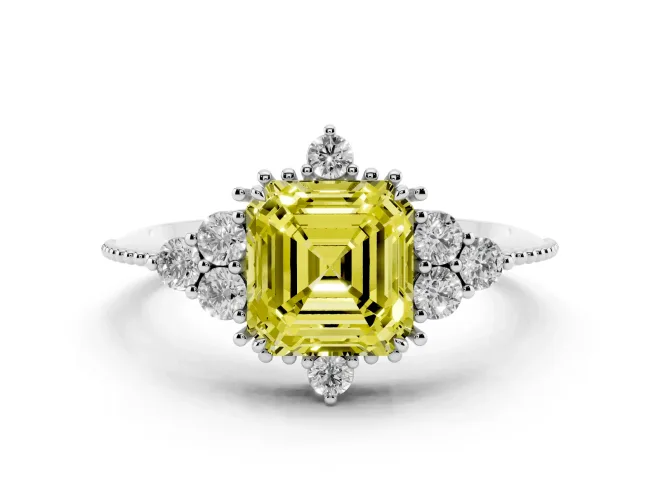 Asscher Cut Cluster Engagement Ring Setting for a Fancy Yellow Lab-Grown Diamond | White Gold