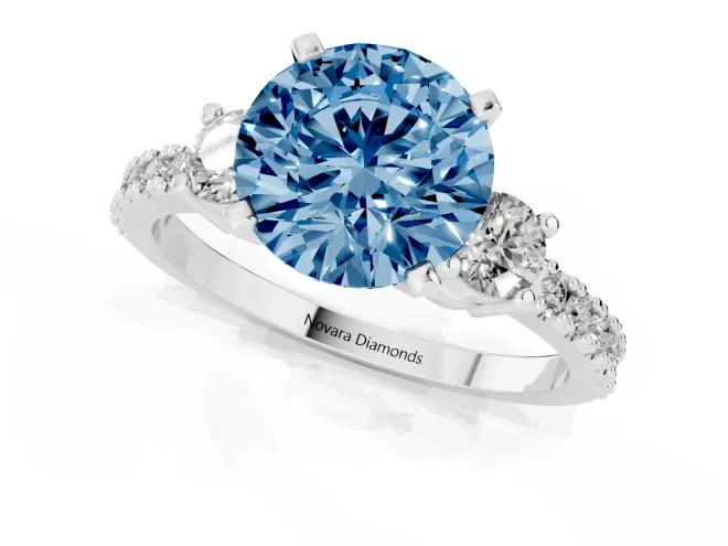 Fancy Blue Three-Stone Round Cut Diamond Pavé Band Ring Set in Silver with Prong Setting – second view