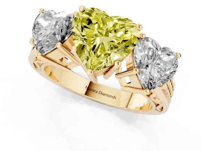 Fancy Yellow Heart Cut Diamond Three-Stone Ring Set in Yellow gold with Textured Band – second view