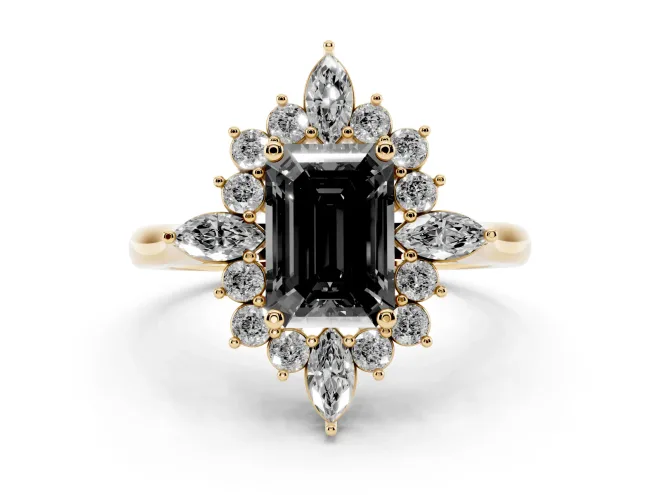 Fancy Black Emerald Cut Diamond Cluster Halo Ring Set in Yellow gold with Marquise and Round Accents